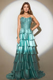 Tiered Ruffles Peacock Green Strapless Long Prom Dress with Beading Tiered Ruffles Peacock Green Strapless Long Prom Dress with Beading