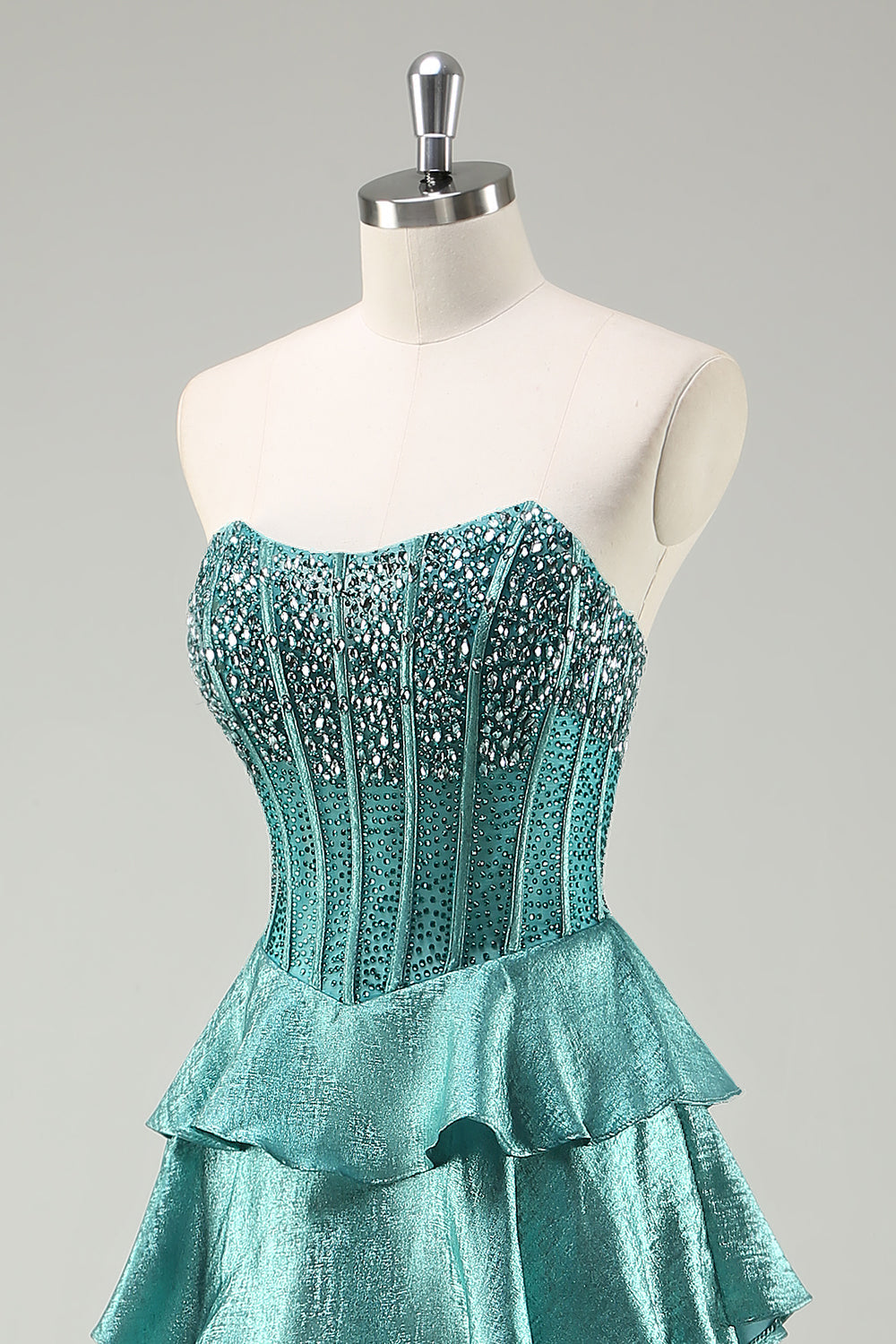 Tiered Ruffles Peacock Green Strapless Long Prom Dress with Beading Tiered Ruffles Peacock Green Strapless Long Prom Dress with Beading