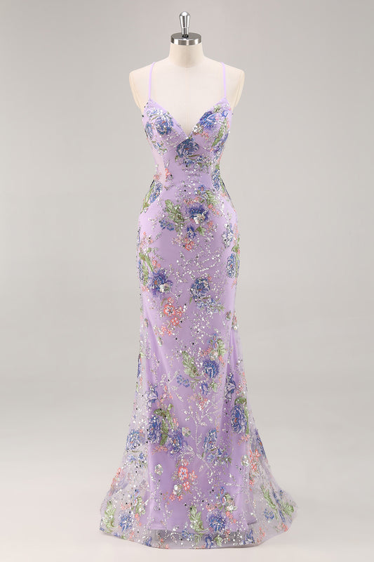 Zapakasa Women Sparkly Lilac Floral Long Prom Dress with Sequins Mermaid Beaded Backless Party Dress