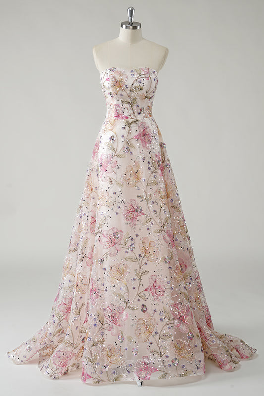 Sparkly Pink Floral A Line Strapless Prom Dress with Slit Sequined Tulle Ball Gown
