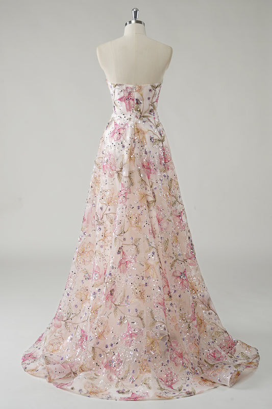Sparkly Pink Floral A Line Strapless Long Prom Dress