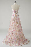 Sparkly Pink Floral A Line Strapless Long Prom Dress Sparkly Pink Floral A Line Strapless Long Prom Dress