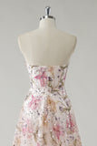 Sparkly Pink Floral A Line Strapless Long Prom Dress Sparkly Pink Floral A Line Strapless Long Prom Dress