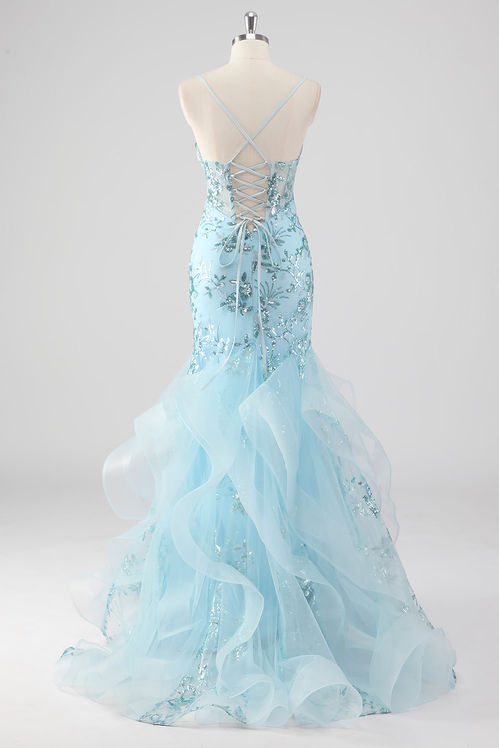 Sky Blue Mermaid Spaghetti Straps Sequin Corset Long Prom Dress with Ruffles Sky Blue Mermaid Spaghetti Straps Sequin Corset Long Prom Dress with Ruffles