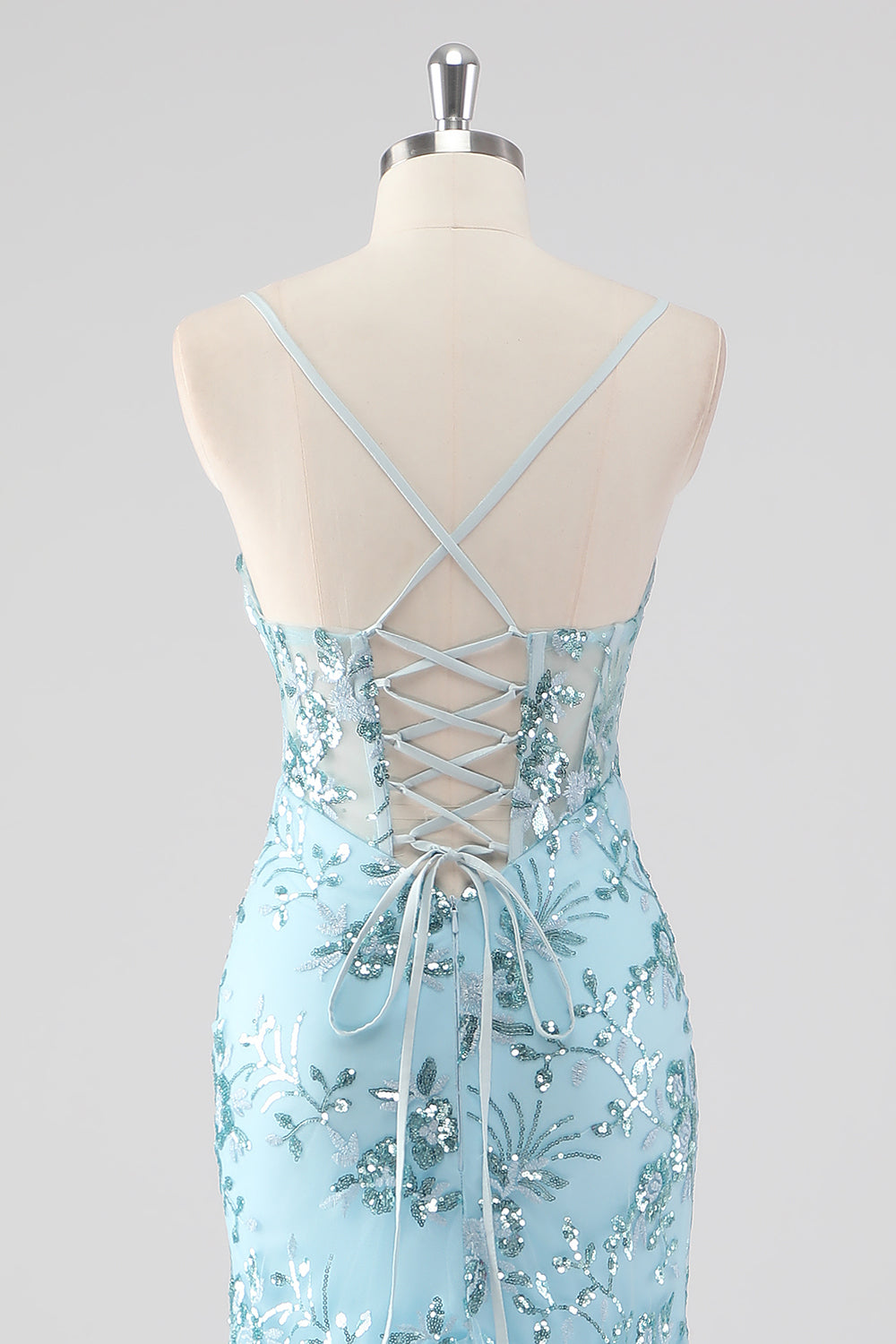 Sky Blue Mermaid Spaghetti Straps Sequin Corset Long Prom Dress with Ruffles Sky Blue Mermaid Spaghetti Straps Sequin Corset Long Prom Dress with Ruffles