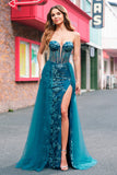 Peacock Blue Mermaid Streamer Strapless Corset Long Prom Dress with Slit Peacock Blue Mermaid Streamer Strapless Corset Long Prom Dress with Slit