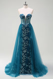 Peacock Blue Mermaid Streamer Strapless Corset Long Prom Dress with Slit Peacock Blue Mermaid Streamer Strapless Corset Long Prom Dress with Slit