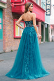 Peacock Blue Mermaid Streamer Strapless Corset Long Prom Dress with Slit Peacock Blue Mermaid Streamer Strapless Corset Long Prom Dress with Slit
