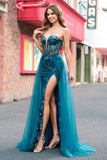 Peacock Blue Mermaid Streamer Strapless Corset Long Prom Dress with Slit Peacock Blue Mermaid Streamer Strapless Corset Long Prom Dress with Slit