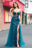 Peacock Blue Mermaid Streamer Strapless Corset Long Prom Dress with Slit Peacock Blue Mermaid Streamer Strapless Corset Long Prom Dress with Slit