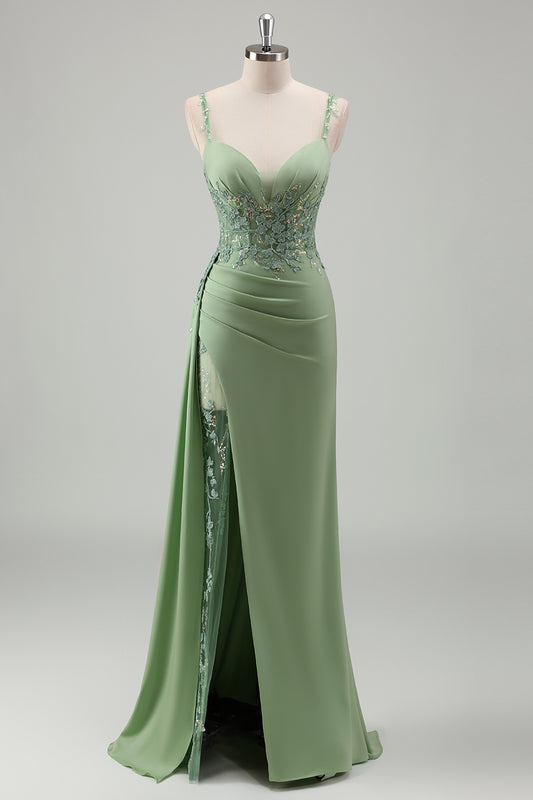 Spaghetti Straps Light Green Lace Long Prom Dress with Slit Sheath Sequined Evening Dress