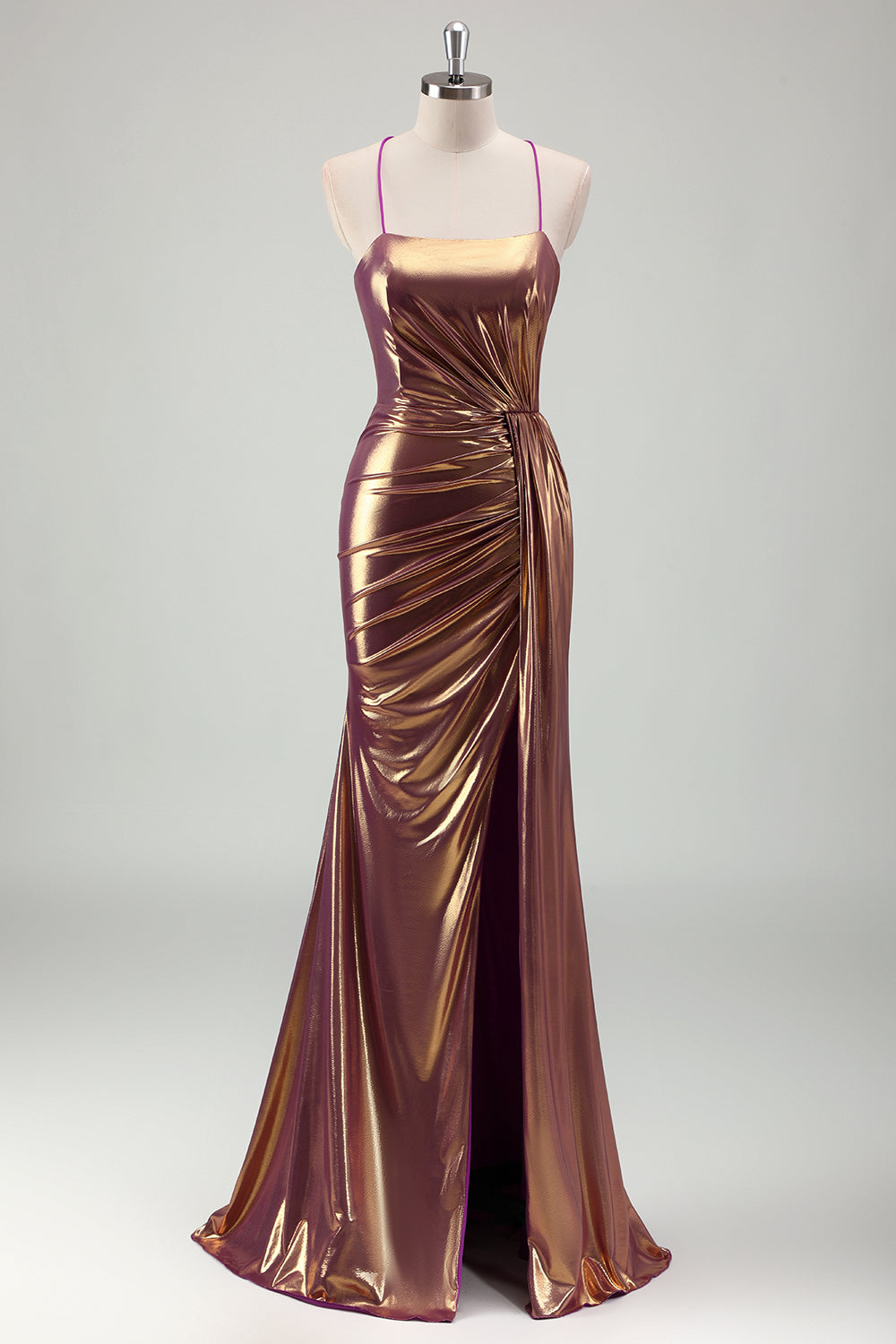 Metallic Gold Mermaid Spaghetti Straps Ruched Long Prom Dress with Slit Metallic Gold Mermaid Spaghetti Straps Ruched Long Prom Dress with Slit