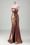 Metallic Gold Mermaid Spaghetti Straps Ruched Long Prom Dress with Slit Metallic Gold Mermaid Spaghetti Straps Ruched Long Prom Dress with Slit
