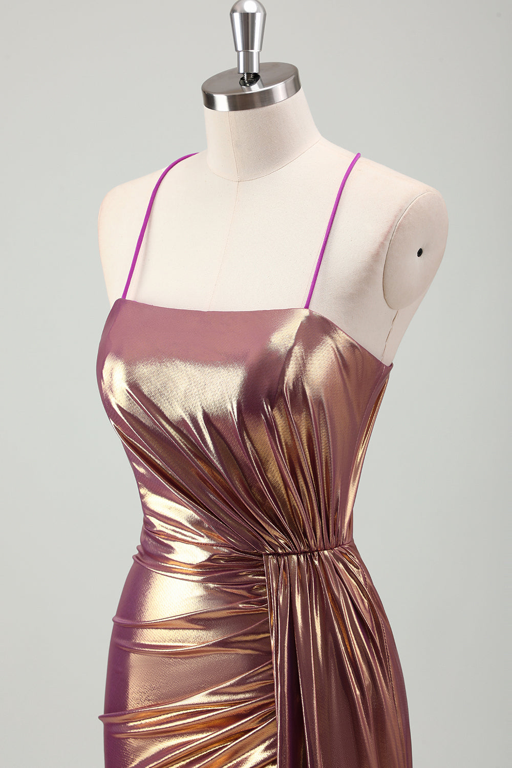 Metallic Gold Mermaid Spaghetti Straps Ruched Long Prom Dress with Slit Metallic Gold Mermaid Spaghetti Straps Ruched Long Prom Dress with Slit