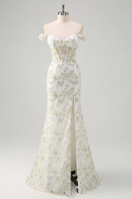 Light Green Floral Mermaid Off The Shoulder Prom Dress with Slit