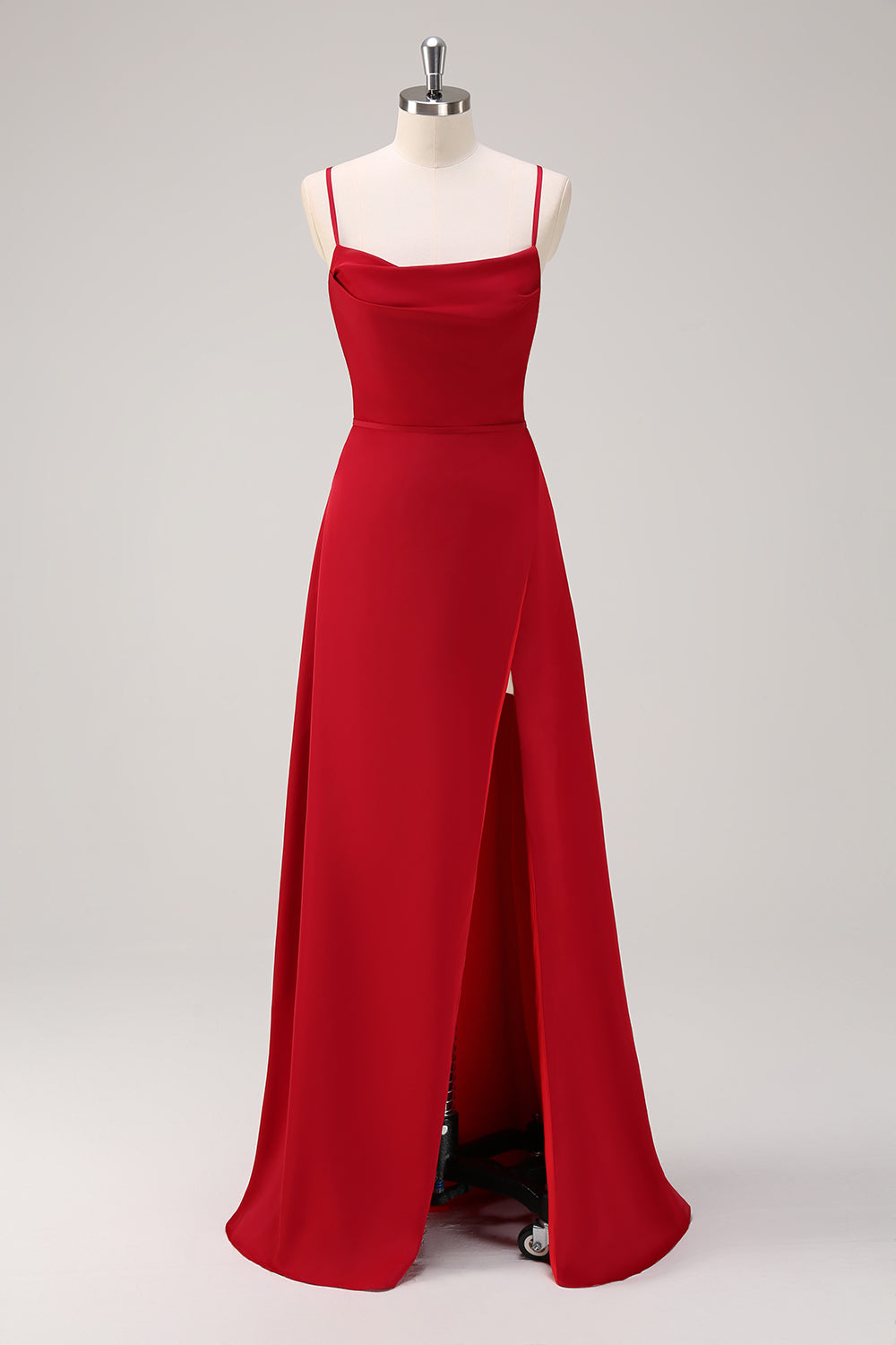burgundy spaghetti strap bridesmaid dress Burgundy Prom Dresses Spaghetti Straps V-Neck Pleated Open Back Stretch Satin Prom Dress With Slit