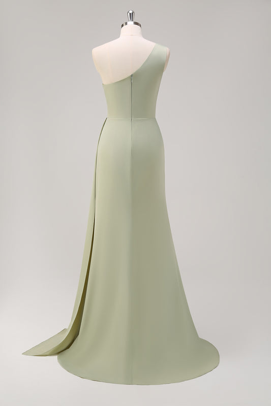 One Shoulder Sage Long Prom Dress with Slit