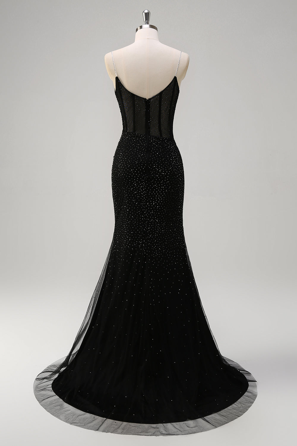 Sparkly Black Mermaid Spaghetti Straps Corset Beaded Long Prom Dress with Slit Sparkly Black Mermaid Spaghetti Straps Corset Beaded Long Prom Dress with Slit