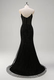Sparkly Black Mermaid Spaghetti Straps Corset Beaded Long Prom Dress with Slit Sparkly Black Mermaid Spaghetti Straps Corset Beaded Long Prom Dress with Slit