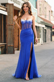 Sparkly Mermaid Spaghetti Straps Royal Blue Corset Long Prom Dress with Slit Sparkly Mermaid Spaghetti Straps Royal Blue Corset Long Prom Dress with Slit