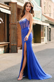 Sparkly Mermaid Spaghetti Straps Royal Blue Corset Long Prom Dress with Slit Sparkly Mermaid Spaghetti Straps Royal Blue Corset Long Prom Dress with Slit