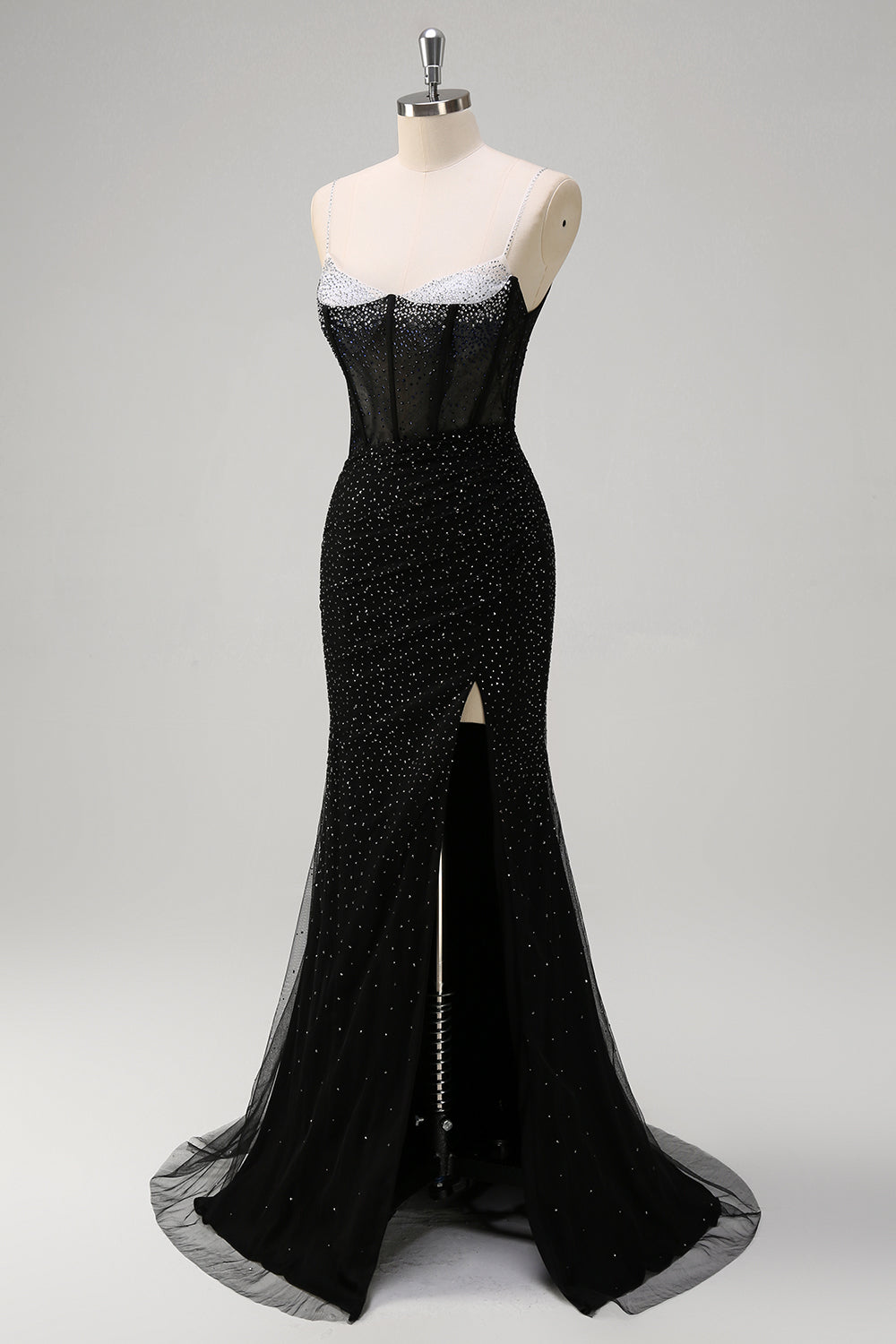 Sparkly Black Mermaid Spaghetti Straps Corset Beaded Long Prom Dress with Slit Sparkly Black Mermaid Spaghetti Straps Corset Beaded Long Prom Dress with Slit