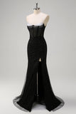 Sparkly Black Mermaid Spaghetti Straps Corset Beaded Long Prom Dress with Slit Sparkly Black Mermaid Spaghetti Straps Corset Beaded Long Prom Dress with Slit