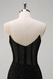 Sparkly Black Mermaid Spaghetti Straps Corset Beaded Long Prom Dress with Slit Sparkly Black Mermaid Spaghetti Straps Corset Beaded Long Prom Dress with Slit