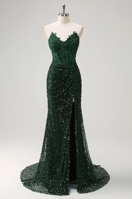 Dark Green Floral Sequined Mermaid Prom Dress Appliques Ruche Strapless Corset Evening Dress with Slit