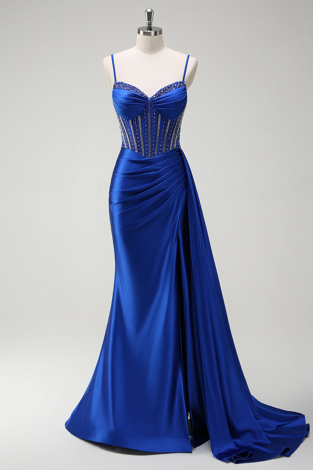 Royal Blue Beaded Spaghetti Straps Mermaid Long Prom Dress with Slit Royal Blue Beaded Spaghetti Straps Mermaid Long Prom Dress with Slit