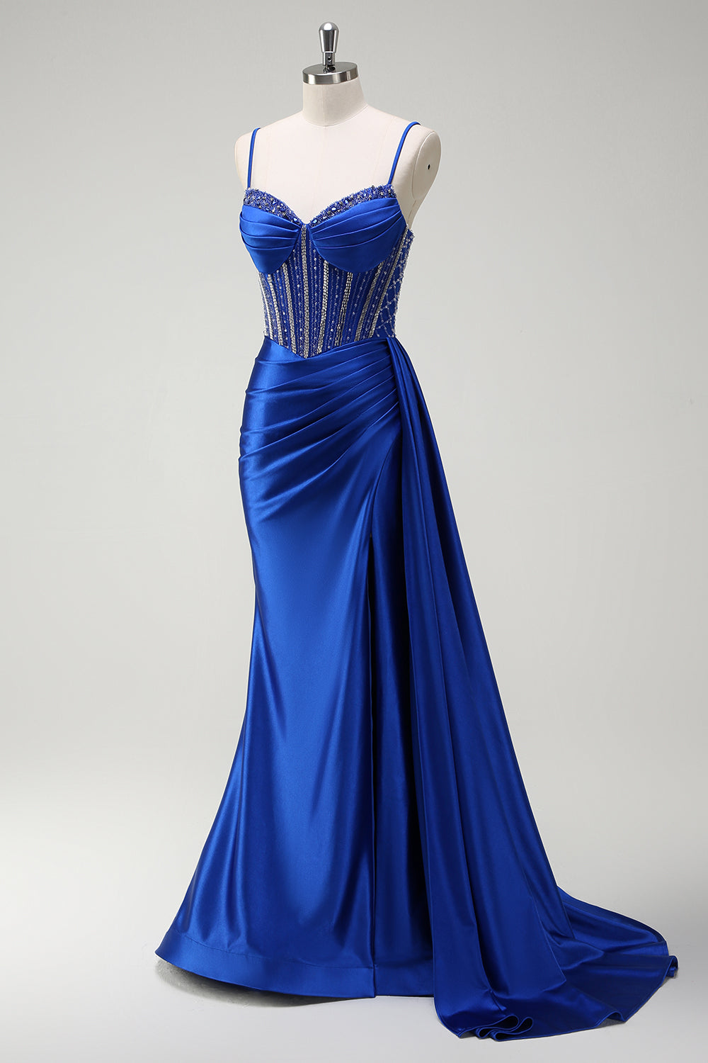Royal Blue Beaded Spaghetti Straps Mermaid Long Prom Dress with Slit Royal Blue Beaded Spaghetti Straps Mermaid Long Prom Dress with Slit