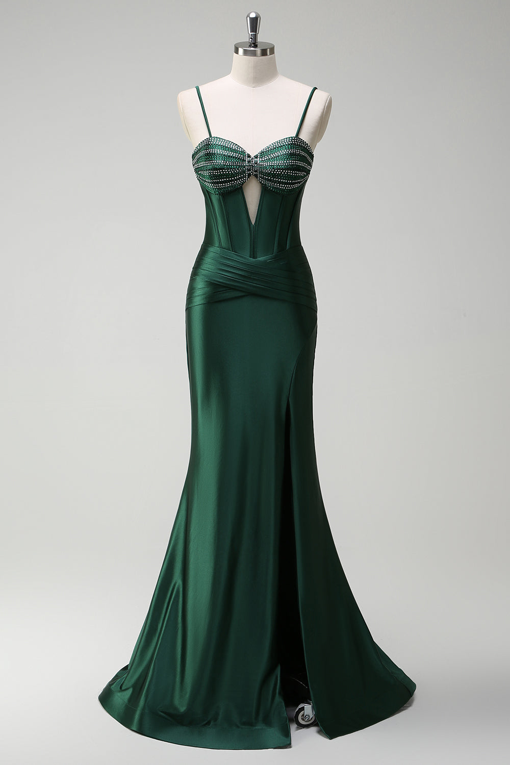Dark Green Beaded Spaghetti Straps Mermaid Long Prom Dress with Slit Dark Green Beaded Spaghetti Straps Mermaid Long Prom Dress with Slit