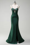 Dark Green Beaded Spaghetti Straps Mermaid Long Prom Dress with Slit Dark Green Beaded Spaghetti Straps Mermaid Long Prom Dress with Slit