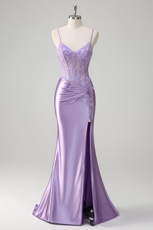 Lilac Floral Mermaid Corset Long Prom Dress with Slit Spaghetti straps Formal Wedding Guest Dress