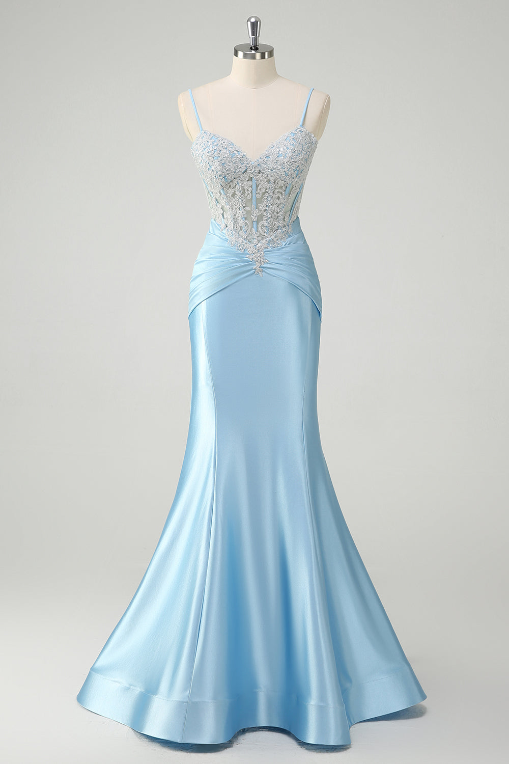 Zapakasa Women Blue Floral Mermaid Satin Prom Dress Ruche Spaghetti Straps Formal Dress Zapakasa Women Blue Floral Mermaid Satin Prom Dress Ruche Spaghetti Straps Formal Dress