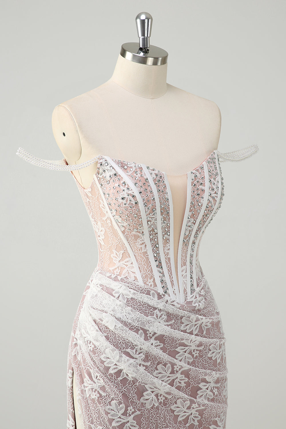 White Floral Beaded Mermaid Off The Shoulder Long Prom Dress with Slit White Floral Beaded Mermaid Off The Shoulder Long Prom Dress with Slit