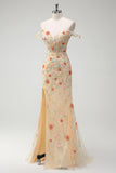 Champagne Beaded Floral Off The Shoulder Corset Long Prom Dress Champagne Beaded Floral Off The Shoulder Corset Long Prom Dress