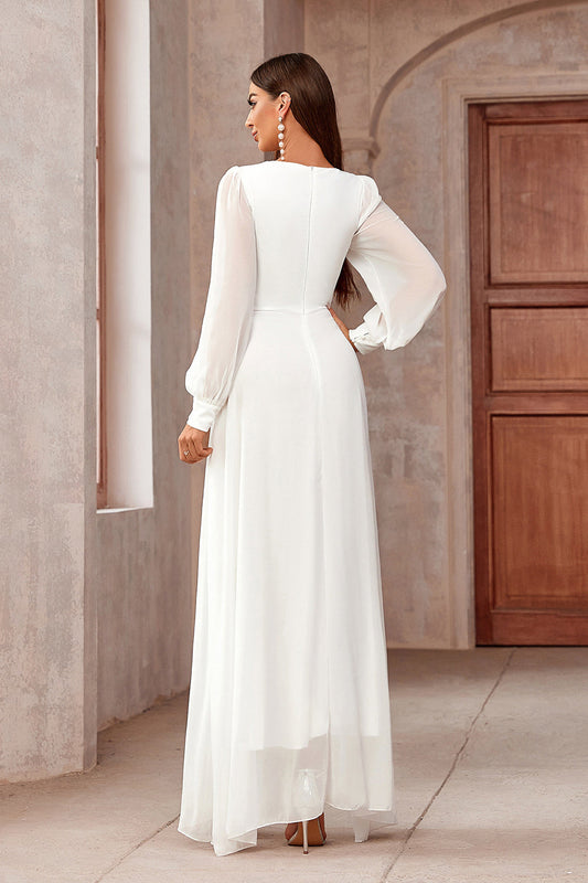 White A-Line Wrap Long Sleeves High-Low Party Dress