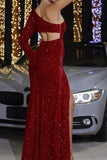 Sparkly Red Hollow Out One Shoulder Sleeve Fringe Mermaid Prom Dress with Slit Sparkly Red Hollow Out One Shoulder Sleeve Fringe Mermaid Prom Dress with Slit