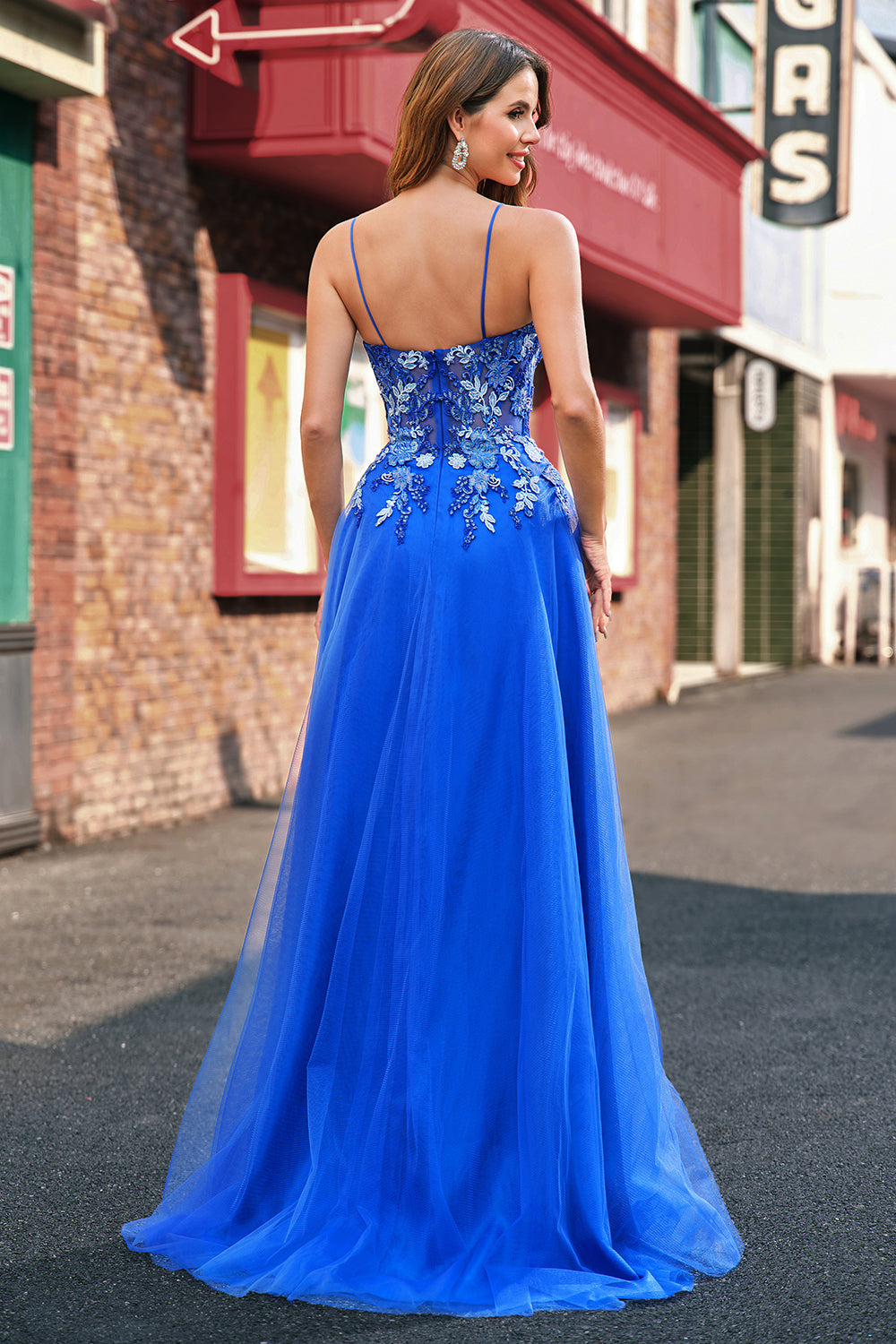 Royal Blue A Line Applique Spaghetti Strap Tulle Prom Dress with Slit Royal Blue A Line Applique Spaghetti Strap Tulle Prom Dress with Slit
