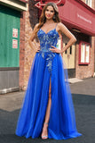 Royal Blue A Line Applique Spaghetti Strap Tulle Prom Dress with Slit Royal Blue A Line Applique Spaghetti Strap Tulle Prom Dress with Slit