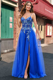 Royal Blue A Line Applique Spaghetti Strap Tulle Prom Dress with Slit Royal Blue A Line Applique Spaghetti Strap Tulle Prom Dress with Slit