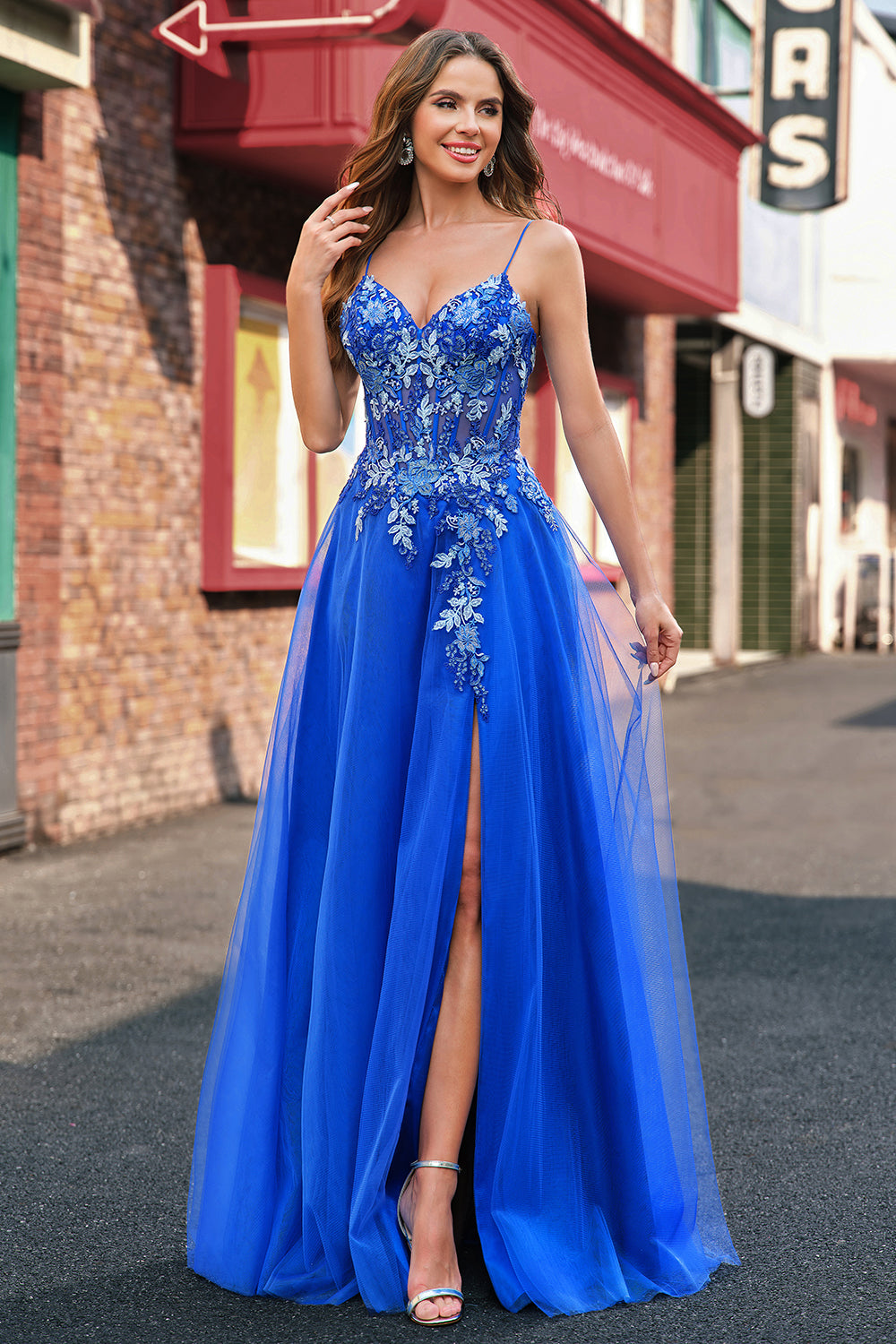 Royal Blue A Line Applique Spaghetti Strap Tulle Prom Dress with Slit Royal Blue A Line Applique Spaghetti Strap Tulle Prom Dress with Slit