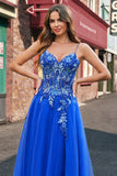Royal Blue A Line Applique Spaghetti Strap Tulle Prom Dress with Slit Royal Blue A Line Applique Spaghetti Strap Tulle Prom Dress with Slit