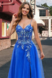 Royal Blue A Line Applique Spaghetti Strap Tulle Prom Dress with Slit Royal Blue A Line Applique Spaghetti Strap Tulle Prom Dress with Slit