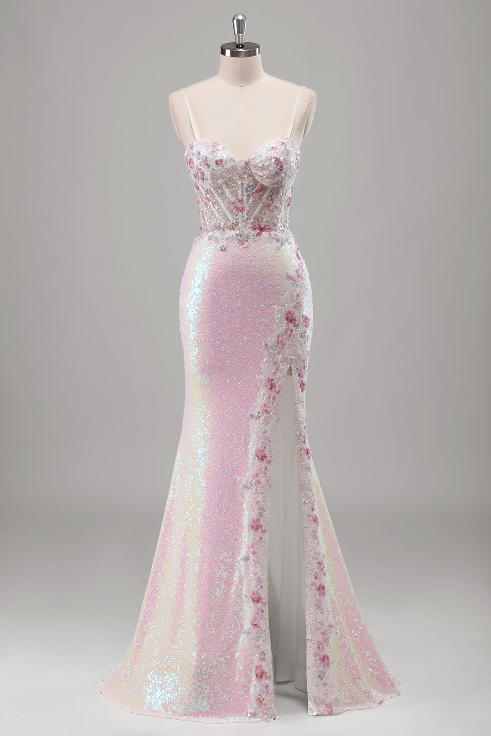 ZAPAKASA Women Sparkly Pink Floral Mermaid Sequined Prom Dress Spaghetti Straps Applique Evening Dress with Slit ZAPAKASA Women Sparkly Pink Floral Mermaid Sequined Prom Dress Spaghetti Straps Applique Evening Dress with Slit