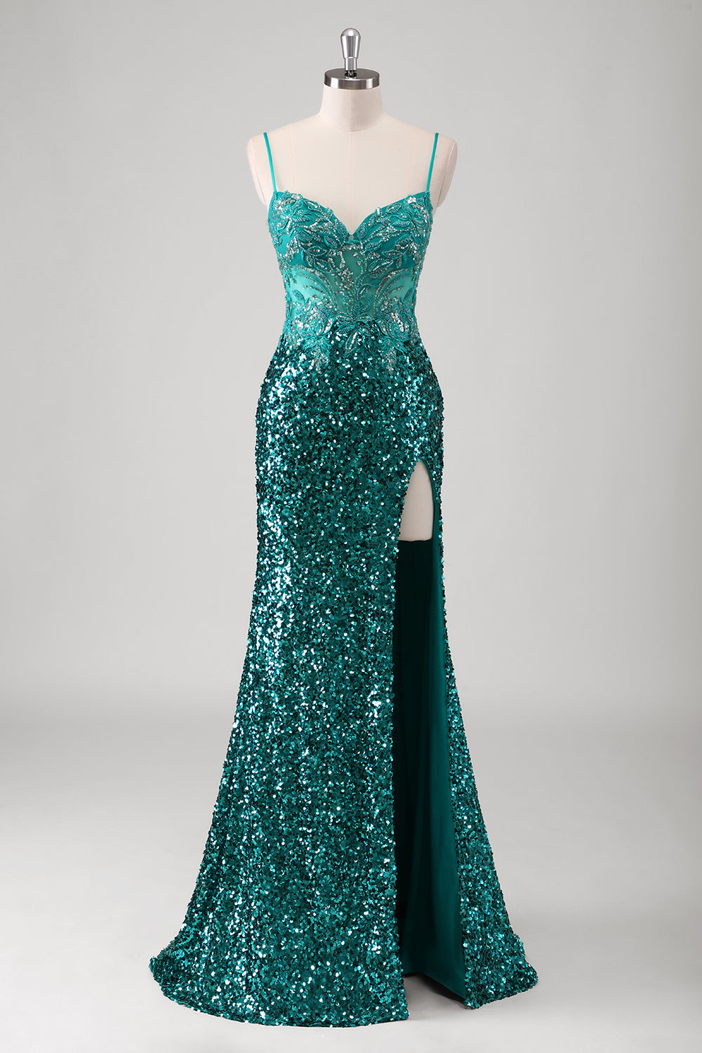 Zapakasa Women Sparkly Peacock Green Mermaid Sequined Prom Dress Spaghetti Straps Applique Formal Dress with Slit Zapakasa Women Sparkly Peacock Green Mermaid Sequined Prom Dress Spaghetti Straps Applique Formal Dress with Slit
