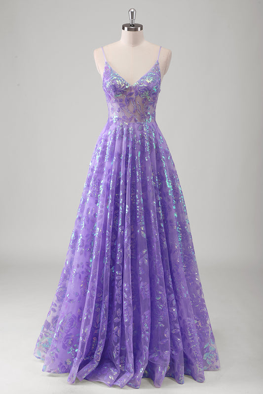 Sparkly Purple Floral Spaghetti Straps Long Prom Dress with Appliques