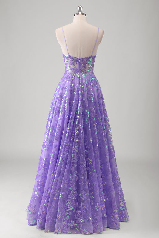 Sparkly Purple Floral Spaghetti Straps Long Prom Dress with Appliques