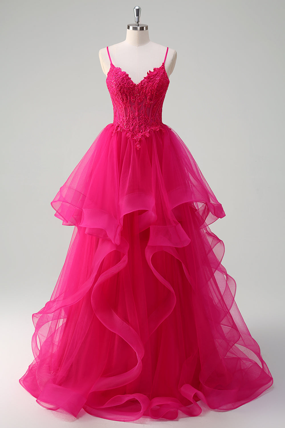 Zapakasa Women Hot Pink Spiral Ruffles Prom Dress with Appliques Corset Spaghetti Straps A Line Tulle Long Formal Dress Zapakasa Women Hot Pink Spiral Ruffles Prom Dress with Appliques Corset Spaghetti Straps A Line Tulle Long Formal Dress